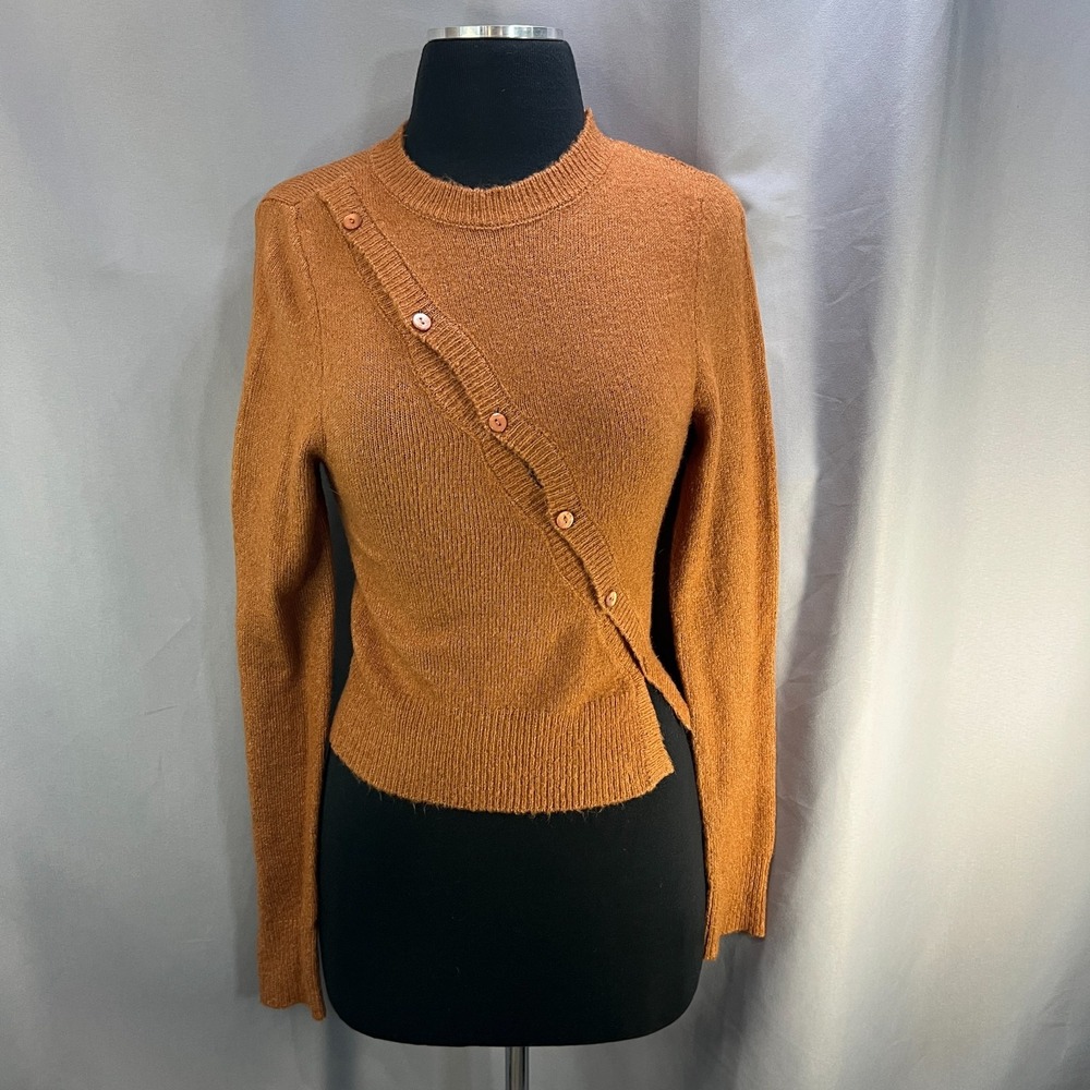 Forever 21 Crop Cardigan Sweater Womens Small Brown Ribbed Hem Asymmetrical